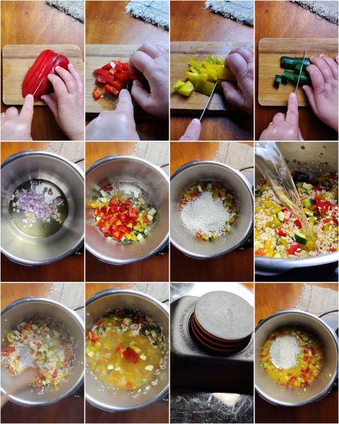 preparação do risoto de pimentões e abobrinha na panela de pressão