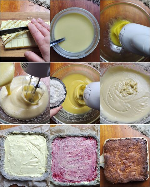 preparação dos brownies de chocolate branco e framboesas