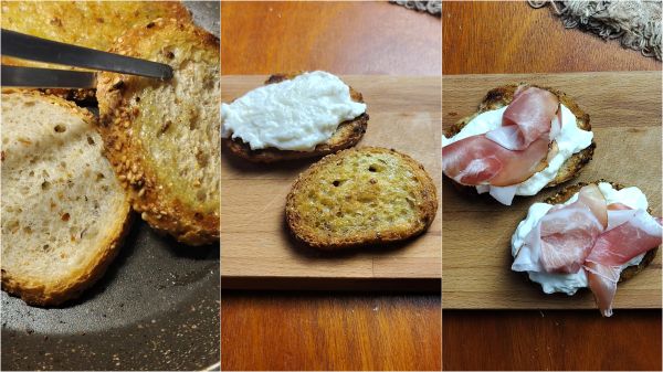 preparação dos crostini com uva caramelizada, speck e stracciatella