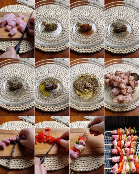 preparação dos espetinhos de carne na fritadeira a ar