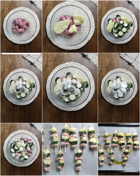 preparação dos espetinhos de vitela gratinados no forno