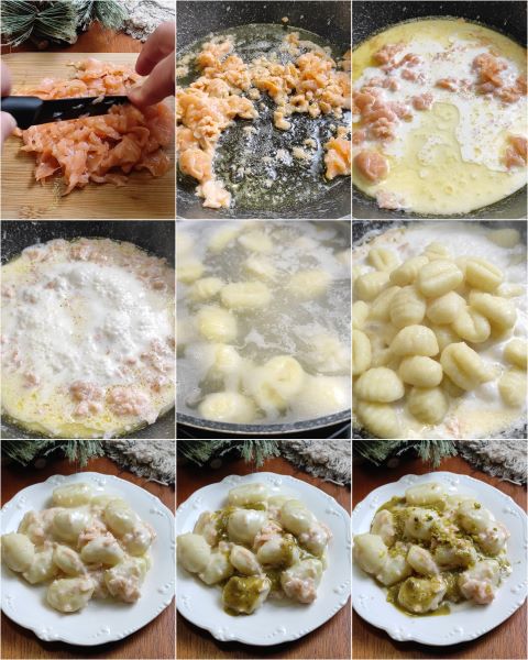 preparação dos nhoques com salmão e pistache