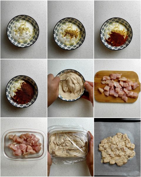 preparação dos pedaços de frango e cozimento no forno