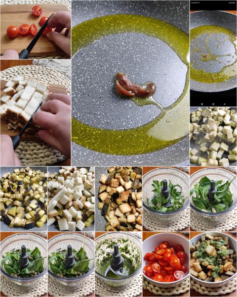 preparação dos tomatinhos e berinjelas com pão crocante