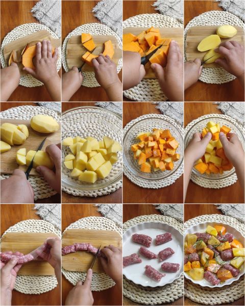 preparo da linguiça com abóbora e batatas ao forno