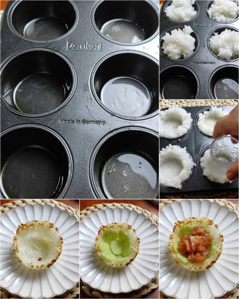 preparo das cestinhas de arroz crocantes