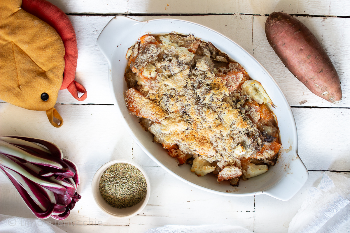Gratinado de batatas-doces e radicchio