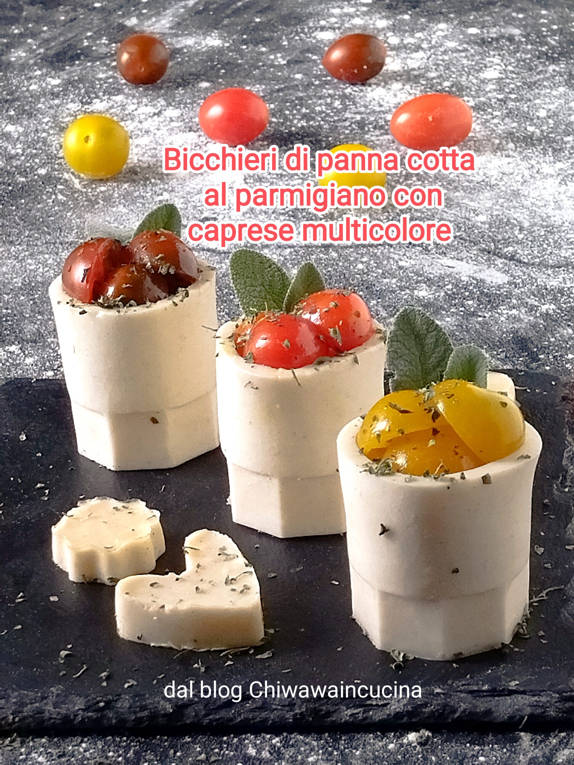 Copos de panna cotta de parmesão com caprese multicolorido