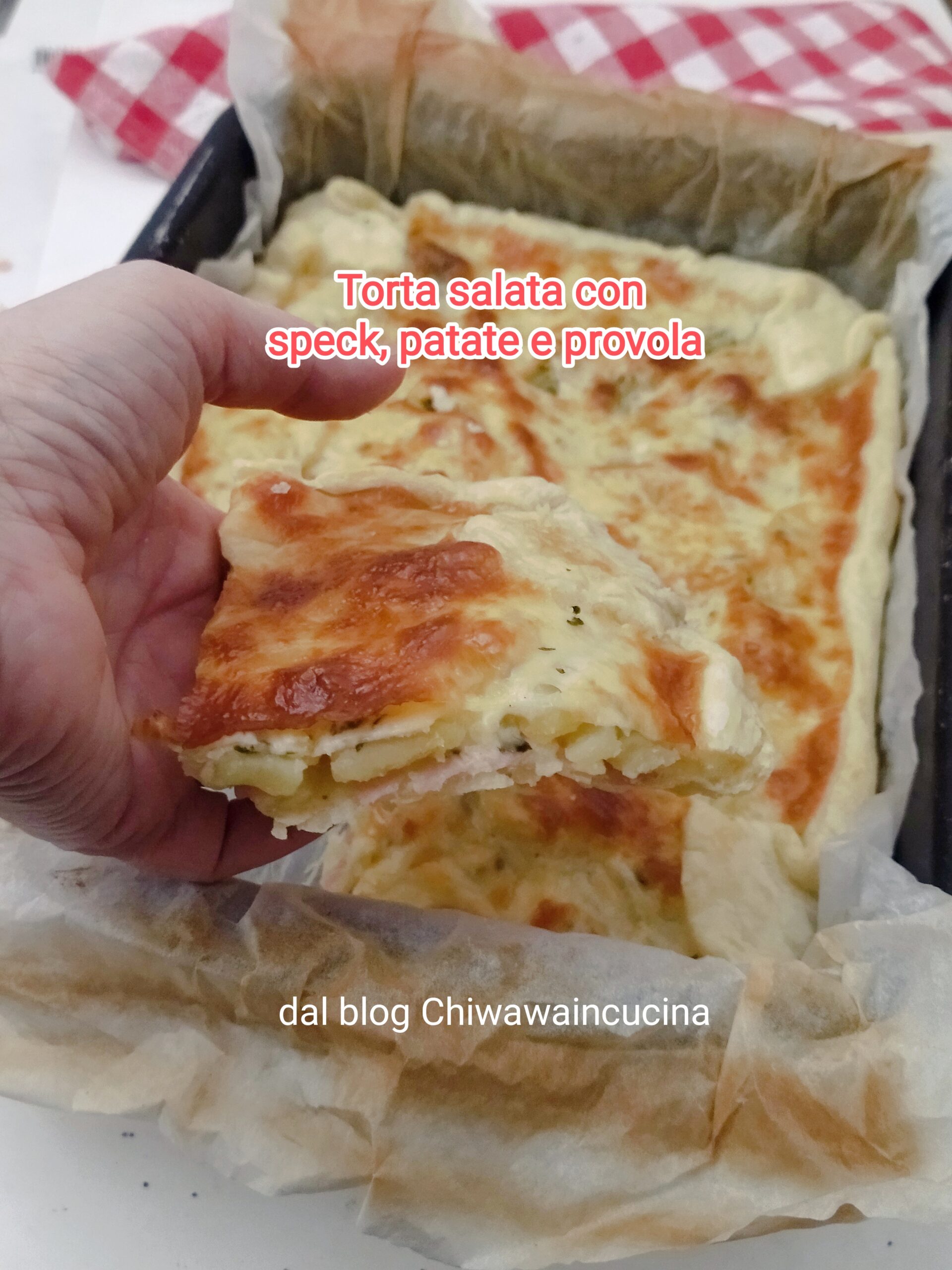 Torta salgada com batatas, speck e provolone defumado