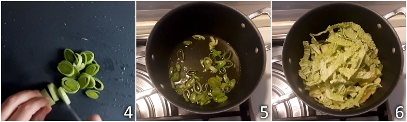 b. refogar o alho-poró e adicionar as batatas