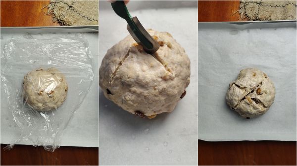 borrife a superfície com água, faça um corte em cruz e asse no forno