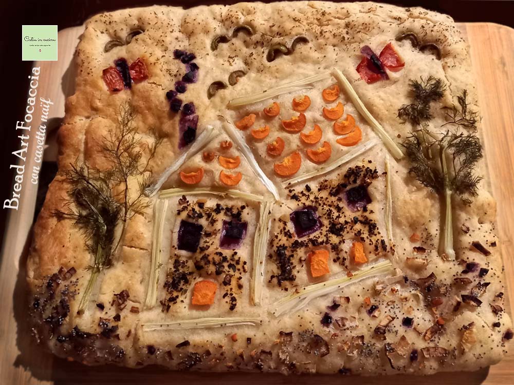 bread art focaccia com casinha - assada