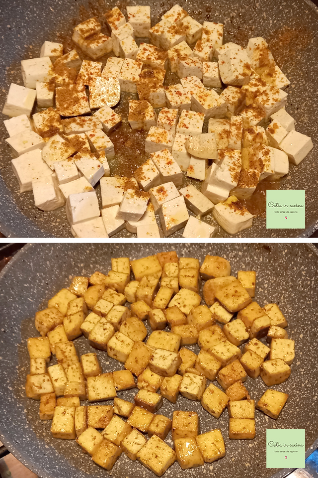 cozimento do tofu ao curry na frigideira