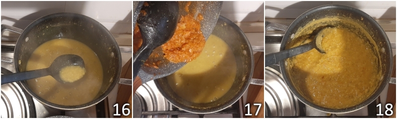 f. unire il tadka al dal di lenticchie e far addensare la zuppa indiana