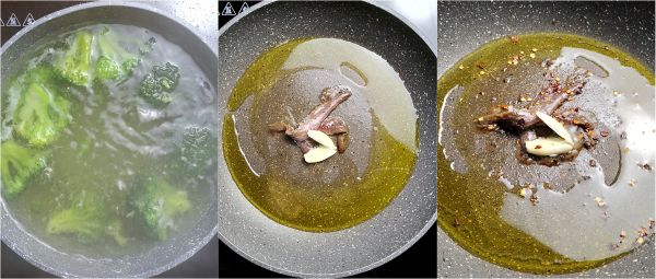 ferva os brócolis e refogue o alho com o óleo e as anchovas na frigideira