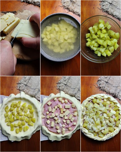 preparação da torta salgada com batata e presunto