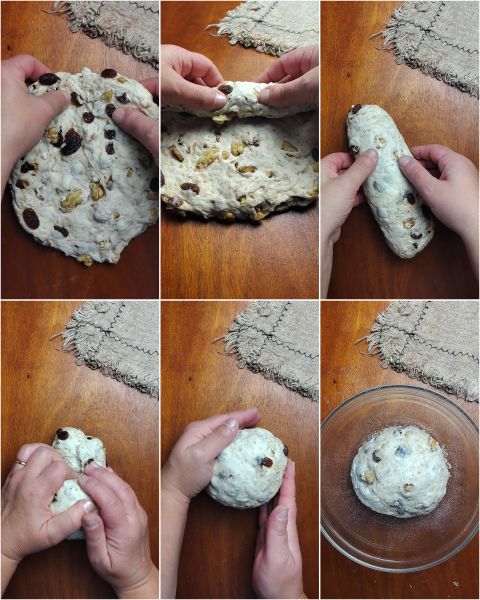 preparação do pão com nozes e passas