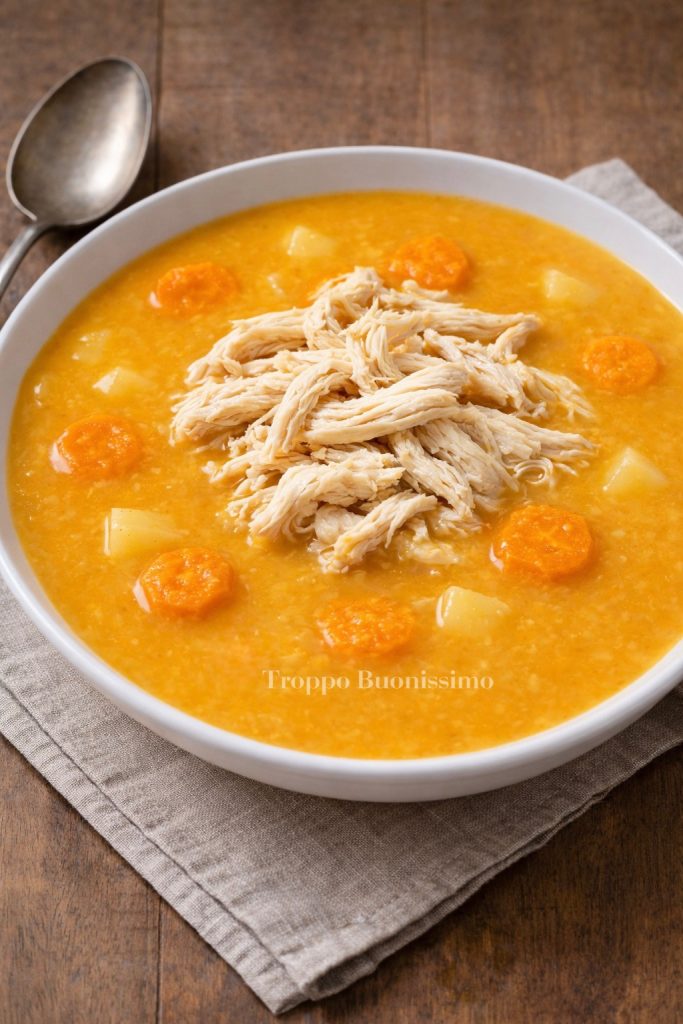 Sopa cremosa de frango com batatas e cenouras