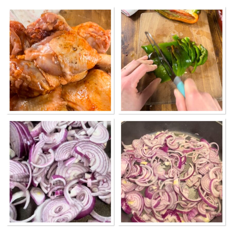 Frango com pimentões e cebolas na frigideira