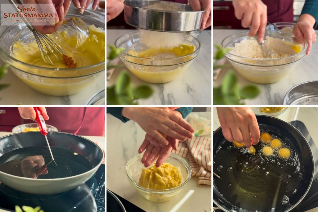 Castagnole de ricota dourando em óleo de amendoim, leves e cheias