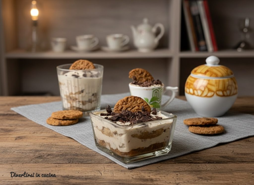 Copinhos transparentes individuais com camadas de creme branco de ricota e mascarpone, torradas embebidas em café e lascas de chocolate amargo na superfície