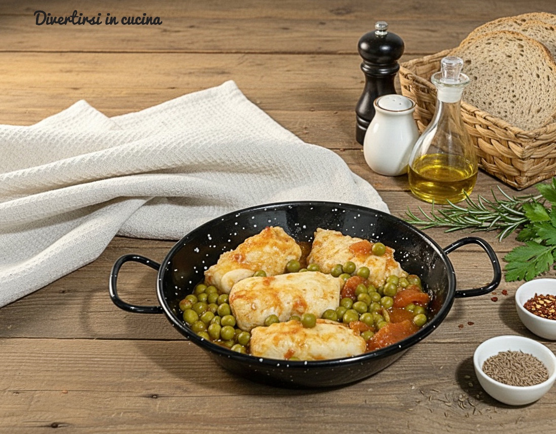 Filés de pescada ao molho com ervilhas e tomatinhos
