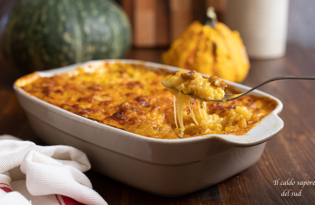 Risoto assado gratinado com abóbora e linguiça