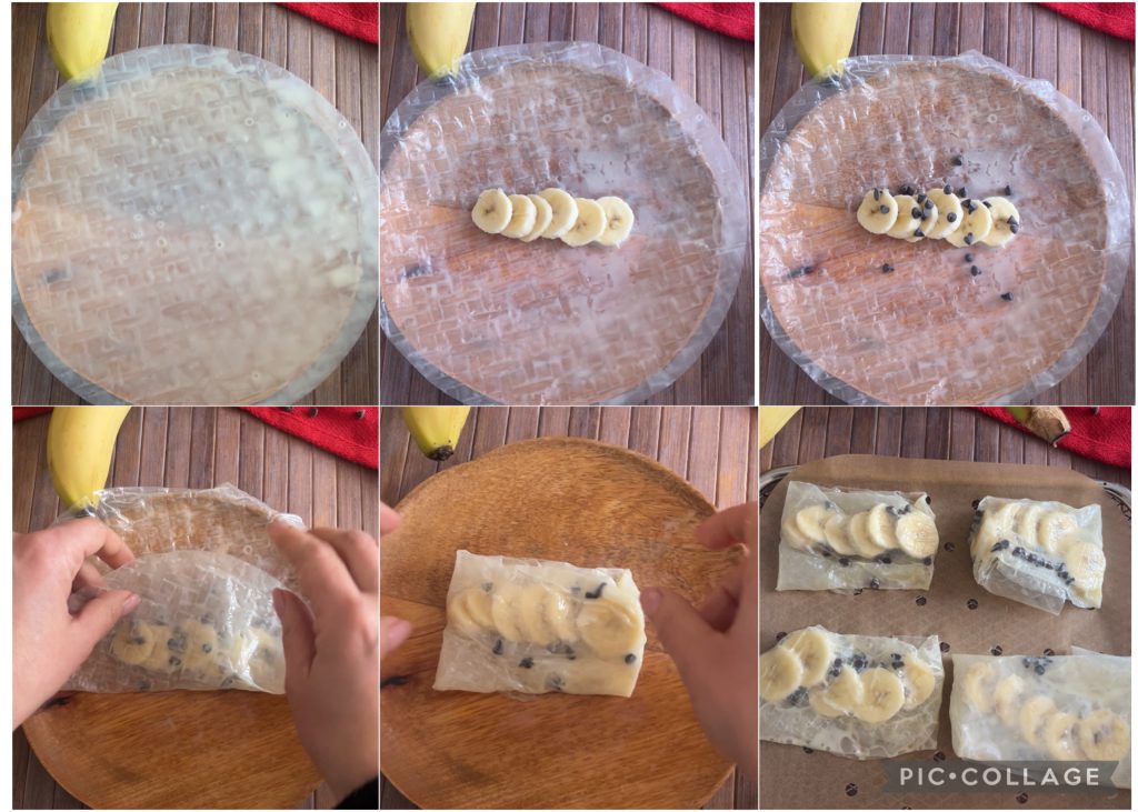 Folhas de arroz com bananas e chocolate