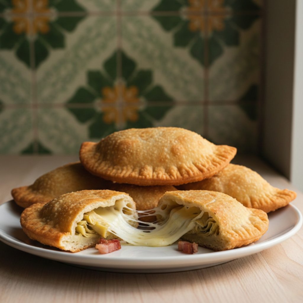 Panzerotti com alcachofras e bacon