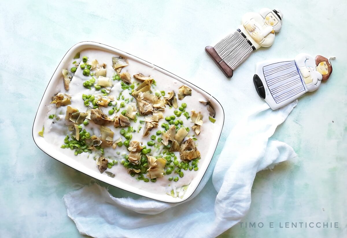Lasanha de ervilhas e alcachofras assada ricetta vegetal