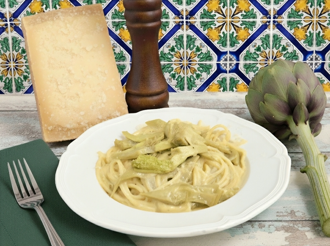 Espaguete com alcachofras e creme de parmesão