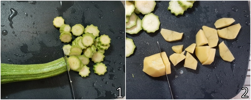 a. cortar batatas e abobrinhas em pedaços