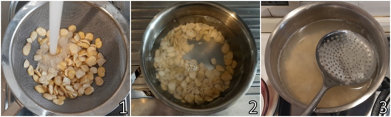 a. cozinhar as favas secas em água fria e retirar a espuma