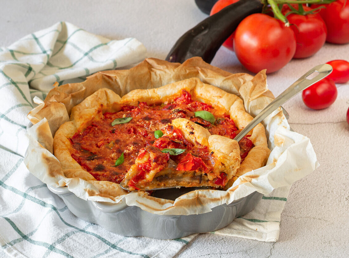 Torta salgada parmigiana de berinjelas