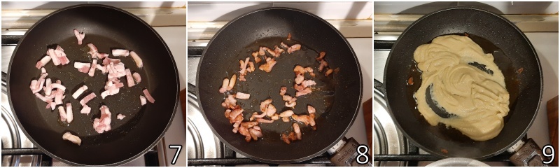 c. dourar o guanciale em tiras numa frigideira