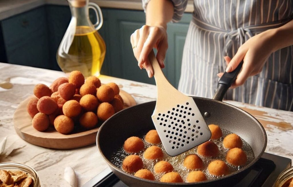 Fritura das castagnole keto em uma panela com bastante óleo