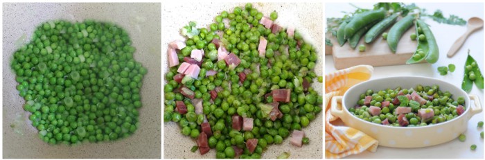 Piselli con prosciutto cotto e crudo