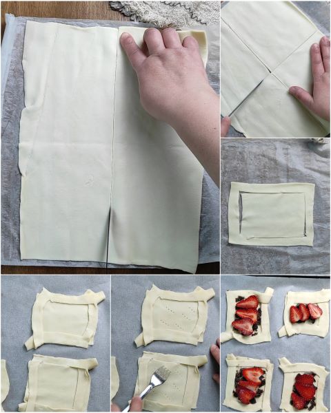 preparação das folhadinhas de massa folhada com morangos e chocolate