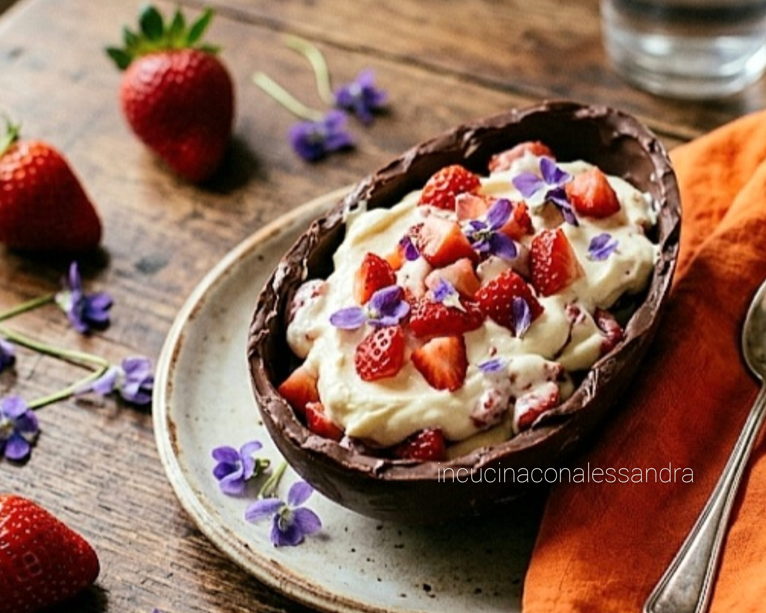 Ovo de chocolate recheado com mascarpone e morangos