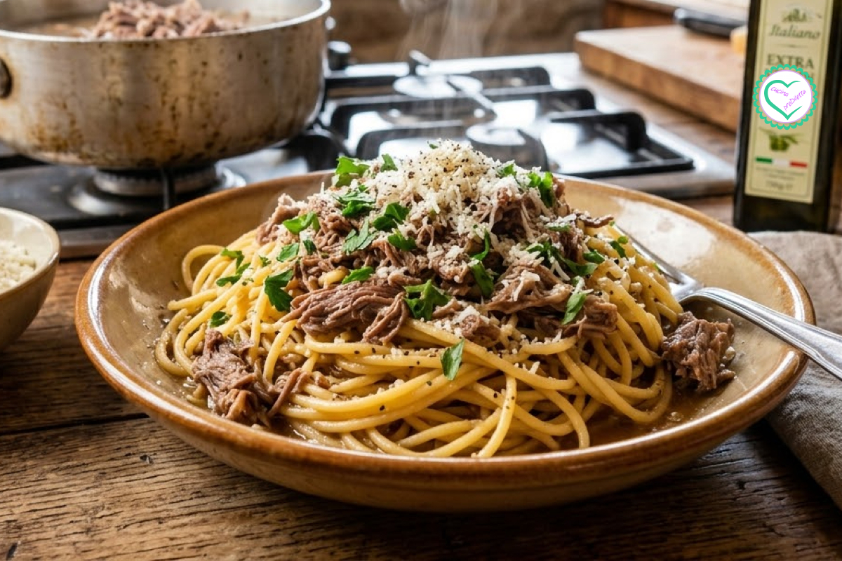 Espaguete com carne cozida