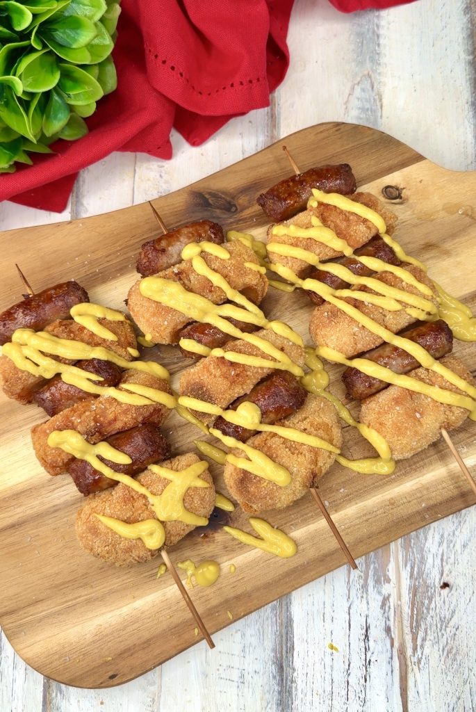 Espetinhos de croquetes e linguiça na air fryer