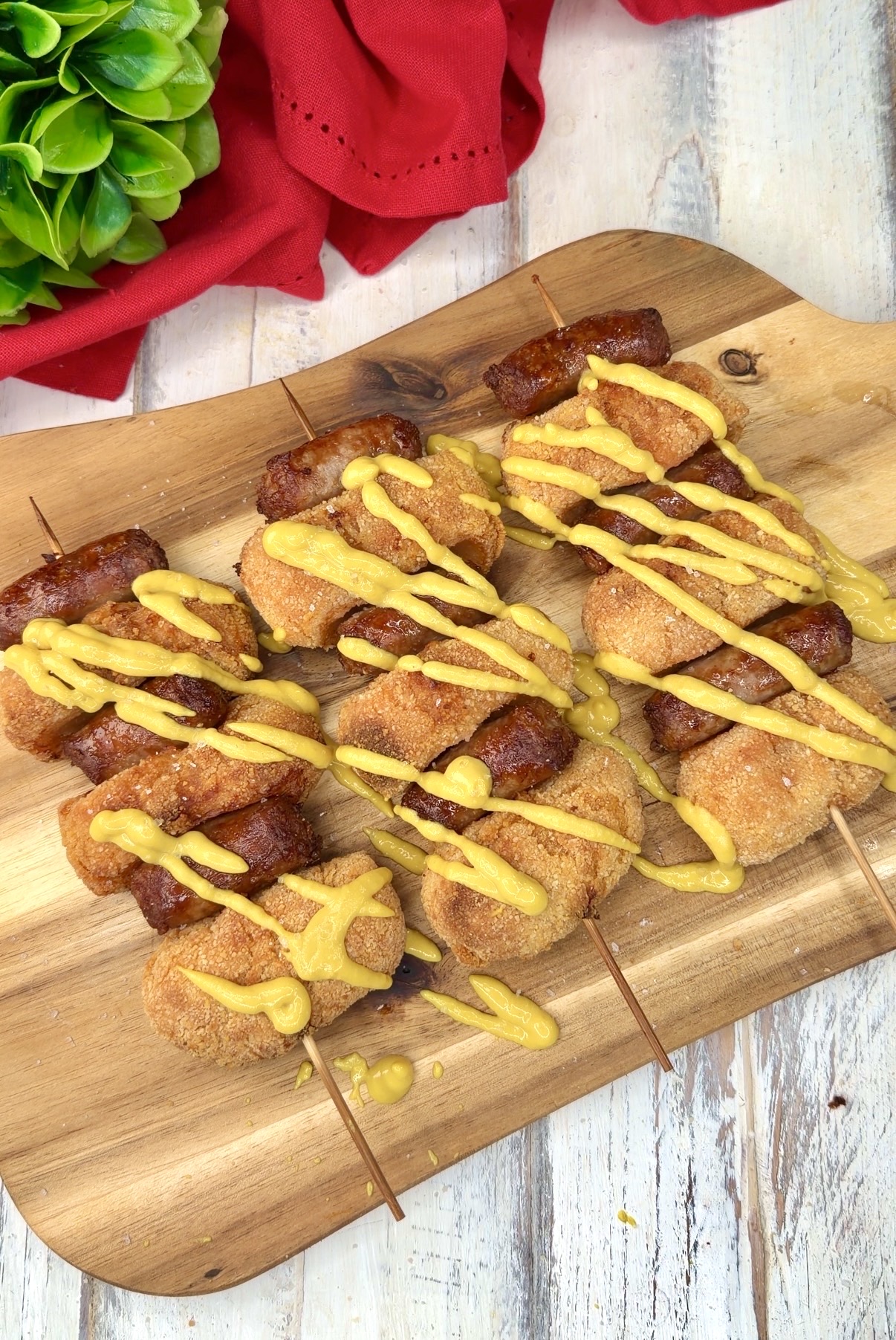 Espetinhos de croquetes e linguiça na air fryer