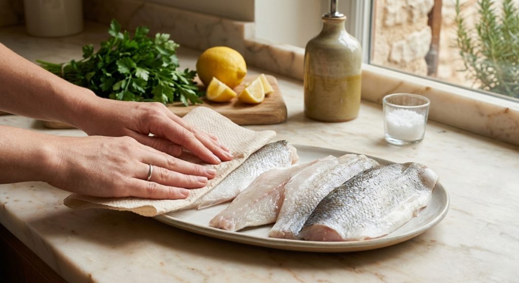 Secamos os filés de robalo com papel-toalha de cozinha