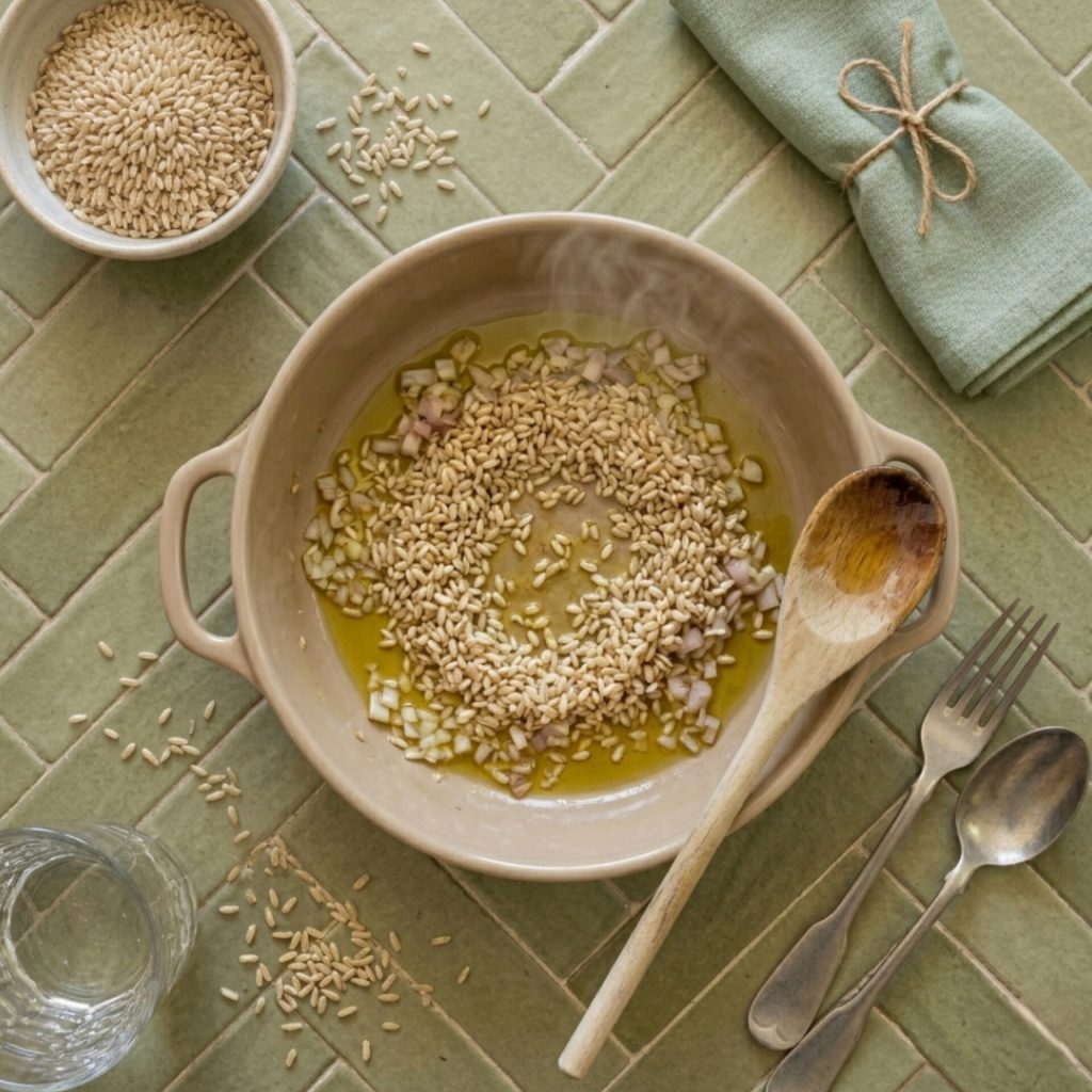 Risoto integral com aspargos selvagens e açafrão