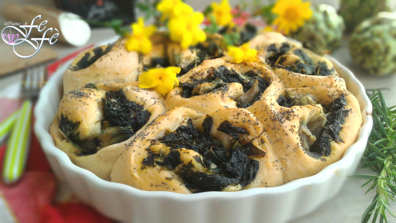 FOCACCIA ENROLADA COM ESPINAFRE, ALCACHOFRAS E ROBIOLA