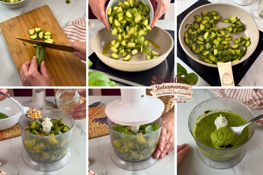 Pesto de abobrinhas verde brilhante preparado na frigideira e depois no mixer com pinhões, manjericão e azeite