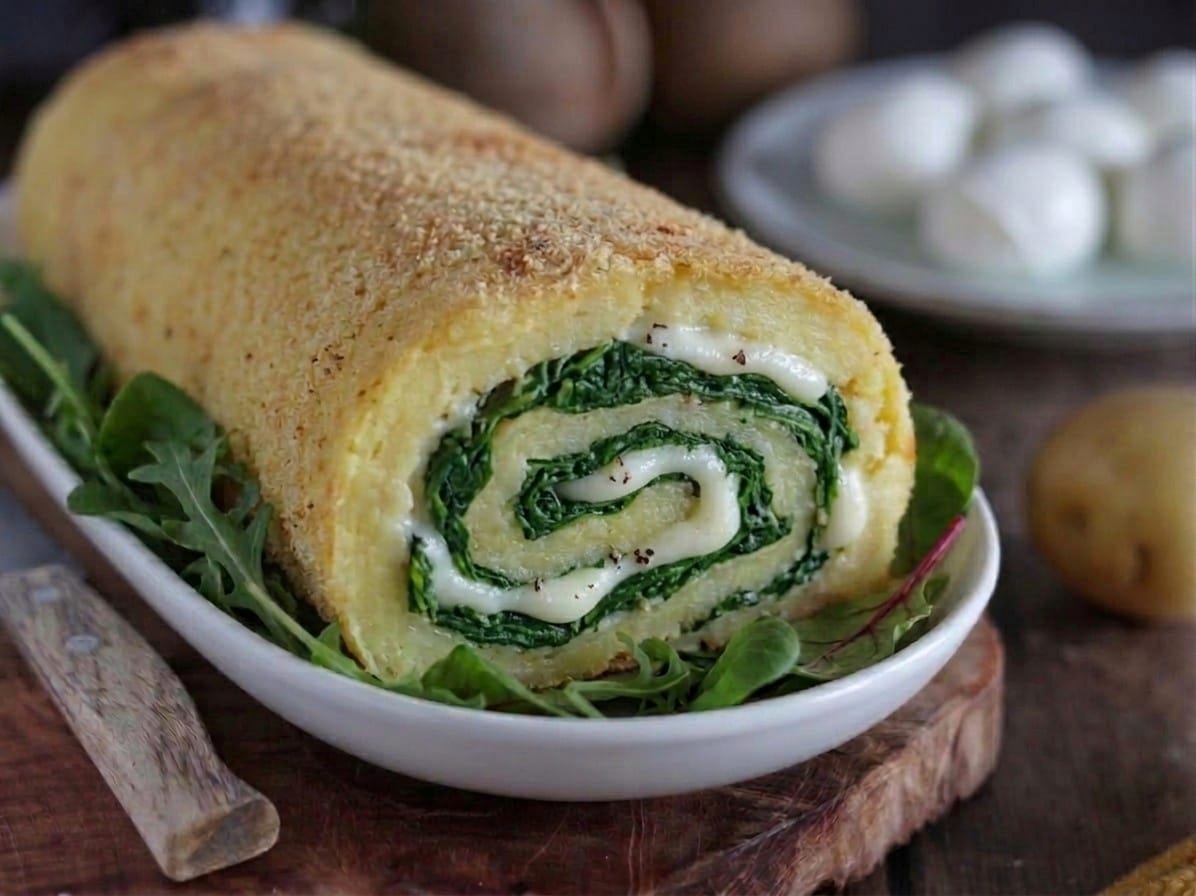 Rocambole de batata gostoso com espinafre e muçarela