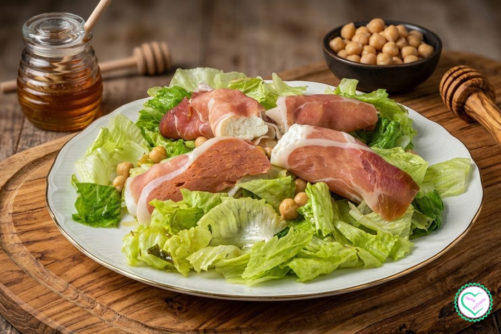 Receita Saladona com enroladinhos de presunto cru