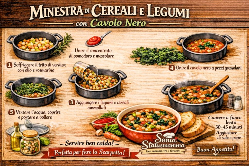 Sopa de cereais e leguminosas com couve negra durante o cozimento - cartaz