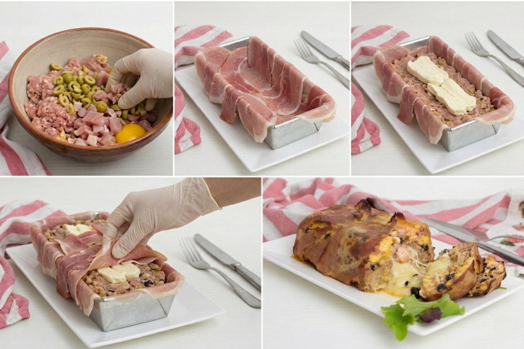 Terrina de peru e queijo envolta em presunto